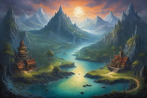 fantasy landscape,fantasy picture,northrend,fantasy art,mountain settlement,fjord,druid grove,mountainous landscape,an island far away landscape,river landscape,elven forest,mountain landscape,fantasy world,mountain world,3d fantasy,high landscape,mountain scene,forest landscape,landscape background,the landscape of the mountains,Illustration,Abstract Fantasy,Abstract Fantasy 15