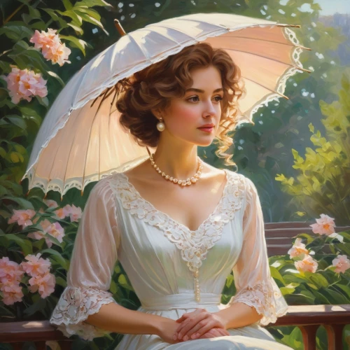 emile vernon,victorian lady,jane austen,romantic portrait,parasol,vintage woman,vintage female portrait,white lady,the victorian era,beautiful bonnet,a charming woman,victorian style,bibernell rose,girl in the garden,debutante,vintage women,oil painting,the hat of the woman,mrs white,southern belle,Illustration,Retro,Retro 14