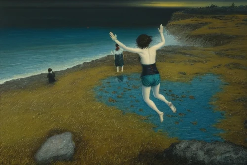 man at the sea,the people in the sea,surrealism,han thom,el salvador dali,el mar,swimming people,lan thom,exploration of the sea,andreas cross,the night of kupala,spectator,ervin hervé-lóránth,orlovsky,girl on the dune,swimmer,graeme strom,dali,summer evening,flying girl,Illustration,Realistic Fantasy,Realistic Fantasy 08