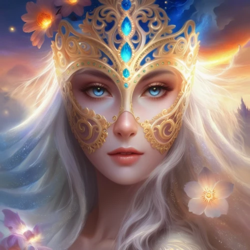 fantasy portrait,fantasy art,golden crown,mystical portrait of a girl,fantasy woman,fantasy picture,masquerade,fairy queen,faerie,the snow queen,golden mask,blue enchantress,zodiac sign libra,sorceress,elven flower,portrait background,the enchantress,elven,gold crown,faery,Illustration,Realistic Fantasy,Realistic Fantasy 01