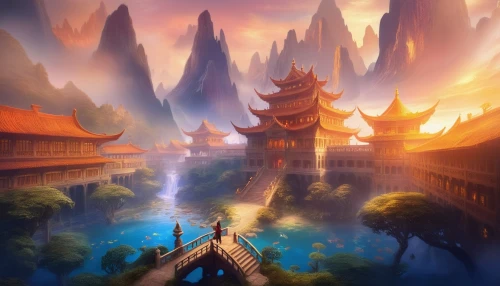 fantasy landscape,forbidden palace,chinese temple,ancient city,chinese background,world digital painting,hall of supreme harmony,asian architecture,chinese architecture,fantasy picture,chinese art,landscape background,hanging temple,water palace,fantasy city,summer palace,yunnan,fantasy world,fantasy art,3d fantasy,Illustration,Realistic Fantasy,Realistic Fantasy 01