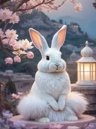 bunny on flower,white bunny,white rabbit,bunny,little bunny,easter background,easter theme,peter rabbit,little rabbit,bun,deco bunny,no ear bunny,rabbit,gray hare,european rabbit,sakura mochi,domestic rabbit,rabbit owl,angora rabbit,cottontail,Conceptual Art,Fantasy,Fantasy 23