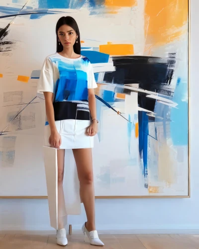 art model,abstract painting,girl-in-pop-art,blue painting,art dealer,girl in t-shirt,isolated t-shirt,mondrian,blue and white,pencil skirt,paint strokes,brushstroke,nautical colors,girl on a white background,tshirt,thick paint strokes,watercolor paint strokes,meticulous painting,long-sleeved t-shirt,painter