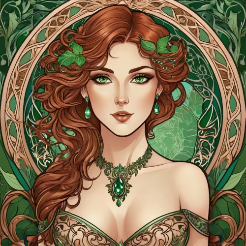 poison ivy,celtic queen,dryad,merida,green wreath,ivy,background ivy,fae,faery,elven flower,art nouveau,emerald,anahata,celtic woman,flora,art nouveau design,the enchantress,laurel wreath,rusalka,ivy frame,Illustration,Retro,Retro 13