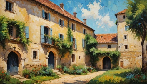 tuscan,volterra,village scene,l'isle-sur-la-sorgue,italian painter,street scene,oil painting,home landscape,provence,old village,hacienda,vizcaya,aix-en-provence,stone houses,medina,church painting,oil painting on canvas,mediterranean,painting technique,private estate