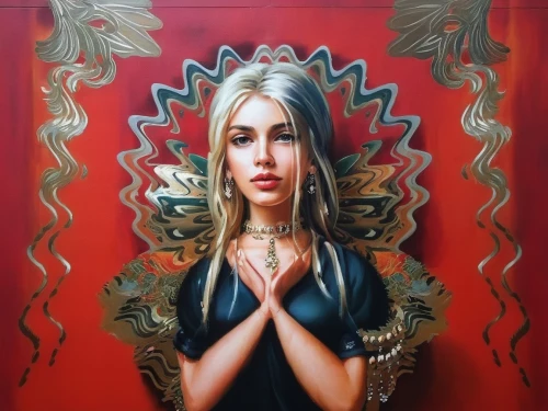 priestess,sacred art,oil painting on canvas,indian art,praying woman,sacred lotus,blonde woman,lotus with hands,orientalism,thai buddha,vajrasattva,mary-gold,bodhisattva,the prophet mary,buddha,oil on canvas,mystical portrait of a girl,dharma,on a red background,mantra om,Illustration,Paper based,Paper Based 04