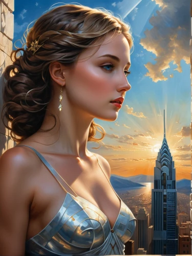 wonder woman city,fantasy woman,art deco woman,fantasy picture,fantasy art,world digital painting,art deco background,sci fiction illustration,digital compositing,heroic fantasy,wonderwoman,city ​​portrait,image manipulation,fantasy girl,fantasy portrait,celtic woman,ancient egyptian girl,wonder woman,super heroine,3d fantasy,Art,Classical Oil Painting,Classical Oil Painting 02