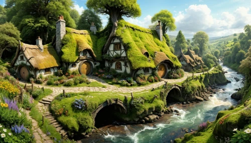 fairy village,fantasy landscape,hobbiton,knight village,fairy world,home landscape,fantasy picture,aurora village,3d fantasy,fantasy art,cartoon video game background,fantasy world,escher village,alpine village,hobbit,fairy house,fairy tale castle,fantasy city,mountain settlement,druid grove