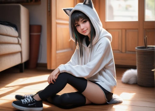 cute fox,puma,hoodie,kitsune,adorable fox,kawaii panda,fennec,child fox,onesie,little fox,anime japanese clothing,fox,kawaii panda emoji,phuquy,tracksuit,asian girl,cute clothes,kawaii girl,gray kitty,foxes,Illustration,Realistic Fantasy,Realistic Fantasy 23