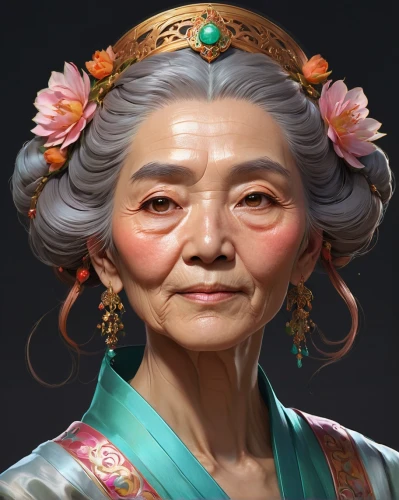 geisha,old woman,asian woman,shuanghuan noble,japanese woman,grandmother,wuchang,goki,elderly lady,siu mei,motsunabe,chinese art,oriental princess,mulan,grandma,tai qi,xizhi,mukimono,hwachae,xing yi quan,Illustration,Realistic Fantasy,Realistic Fantasy 03