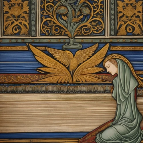 the annunciation,the prophet mary,wood angels,woman praying,art nouveau,the angel with the veronica veil,art nouveau design,art nouveau frame,praying woman,parchment,the angel with the cross,angel playing the harp,fleur-de-lis,mary-bud,botticelli,medicine icon,fleur de lis,art nouveau frames,wall panel,golden leaf,Illustration,Realistic Fantasy,Realistic Fantasy 42