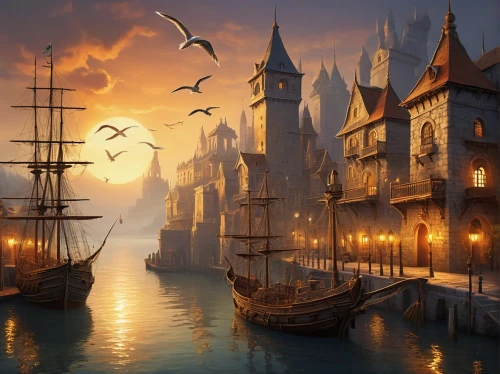 fantasy picture,fantasy landscape,fantasy art,fantasy city,the carnival of venice,venice,3d fantasy,hanseatic city,world digital painting,venetian,medieval town,sailing ships,venezia,viking ships,fantasy world,caravel,harbor,heroic fantasy,constantinople,sea fantasy,Illustration,Realistic Fantasy,Realistic Fantasy 15