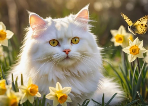 flower cat,norwegian forest cat,spring nature,springtime background,daffodils,blossom kitten,spring background,turkish angora,golden eyes,cute cat,white cat,spring unicorn,springtime,siberian cat,flower animal,daffodil,domestic long-haired cat,british longhair cat,daffodil field,american curl,Art,Classical Oil Painting,Classical Oil Painting 08