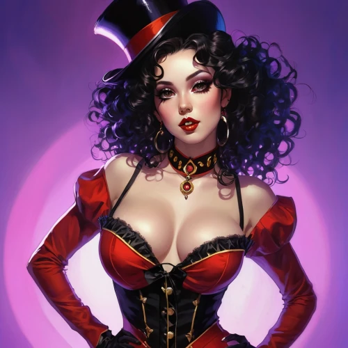 ringmaster,queen of hearts,corset,victorian lady,vampire lady,vampire woman,valentine pin up,harley,neo-burlesque,steampunk,pin ups,burlesque,hatter,black hat,valentine day's pin up,top hat,harley quinn,coquette,lady in red,fantasy woman,Conceptual Art,Fantasy,Fantasy 06