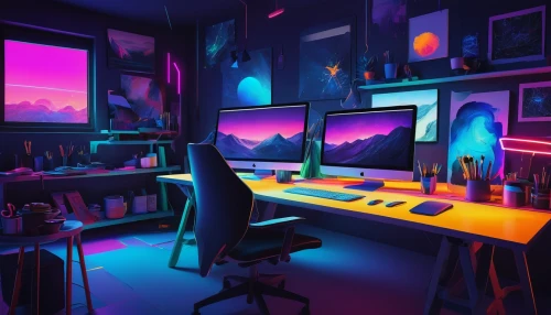 working space,workspace,work space,computer room,desk,creative office,desk top,computer workstation,blur office background,purple wallpaper,computer desk,workstation,study room,colorful background,desktop,work station,neon,desktop view,music workstation,setup,Art,Artistic Painting,Artistic Painting 33