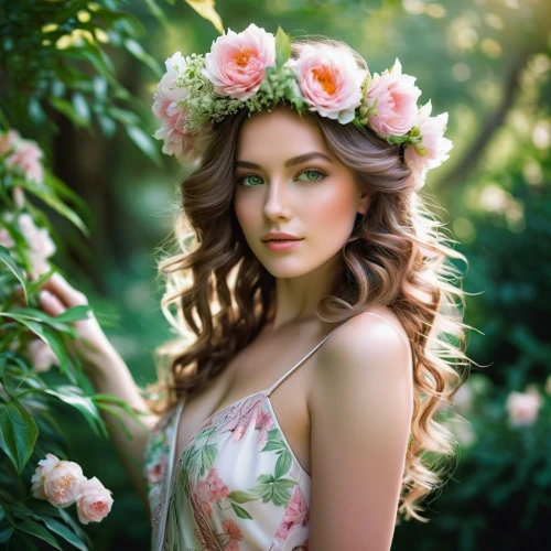 beautiful girl with flowers,girl in flowers,flower crown,floral wreath,spring crown,flower hat,vintage floral,blooming wreath,floral background,flower fairy,flower girl,girl in a wreath,floral,vintage flowers,celtic woman,wreath of flowers,colorful floral,with roses,romantic portrait,flower background,Illustration,Realistic Fantasy,Realistic Fantasy 16