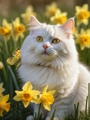 flower cat,daffodils,springtime background,spring nature,spring background,springtime,norwegian forest cat,daffodil,blossom kitten,white cat,cute cat,flower animal,spring unicorn,spring flowers,spring greeting,cat image,bunny on flower,on a wild flower,spring pancake,spring bloom,Illustration,Realistic Fantasy,Realistic Fantasy 22