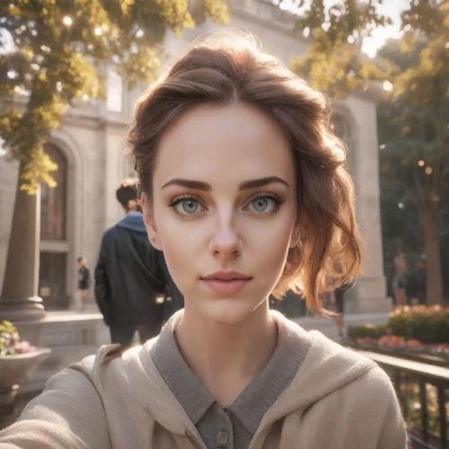 girl in a historic way,angel face,portrait of a girl,romantic look,stone angel,the girl's face,audrey,big eyes,porcelain doll,young woman,beautiful woman,heterochromia,camera,beautiful face,angel,madeleine,women's eyes,sofia,city ​​portrait,pretty young woman,Photography,Commercial