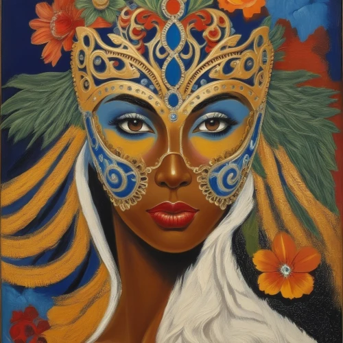 polynesian girl,african woman,african art,venetian mask,headdress,african american woman,oil painting on canvas,masquerade,khokhloma painting,polynesian,indigenous painting,indian headdress,golden mask,tiger lily,oil on canvas,boho art,african masks,brazil carnival,girl in a wreath,peruvian women,Illustration,Realistic Fantasy,Realistic Fantasy 21