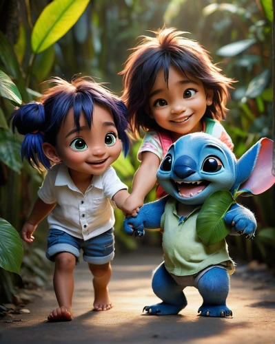 stitch,lilo,cute cartoon character,cute cartoon image,disney,happy family,disney world,shanghai disney,kids illustration,happy children playing in the forest,childhood friends,little boy and girl,children's background,euro disney,childhood,disney character,3d fantasy,peliculas,children,ivy family,Illustration,Abstract Fantasy,Abstract Fantasy 18