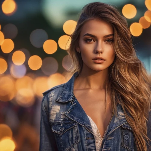 denim jacket,young woman,romantic portrait,jeans background,beautiful young woman,bokeh lights,denim background,pretty young woman,romantic look,jean jacket,portrait photography,sunset glow,background bokeh,bokeh,model beauty,girl portrait,portrait background,denim,golden light,photo session at night,Photography,General,Commercial