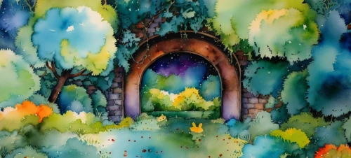 fairy village,cartoon forest,fairy forest,mushroom landscape,watercolor background,fairy world,enchanted forest,grotto,fairy house,the blue caves,fairytale forest,forest landscape,forest glade,elven forest,forest background,cartoon video game background,forest of dreams,fairy tale castle,fairy chimney,wonderland,Illustration,Paper based,Paper Based 03