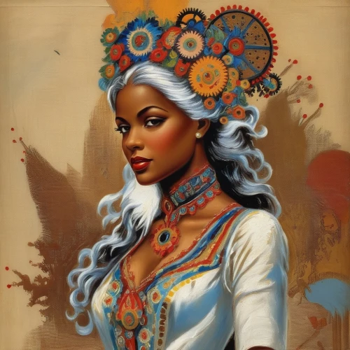 african american woman,african woman,beautiful african american women,fantasy art,fantasy portrait,steampunk,fantasy woman,black woman,moorish,polynesian girl,mystical portrait of a girl,priestess,african art,headdress,celtic queen,nigeria woman,boho art,adornments,oriental princess,afro american girls,Illustration,Realistic Fantasy,Realistic Fantasy 21