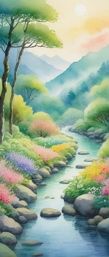 river landscape,meadow in pastel,watercolor background,brook landscape,landscape background,japan landscape,springtime background,nature landscape,salt meadow landscape,mountain landscape,natural landscape,flower painting,meadow landscape,forest landscape,fantasy landscape,mountainous landscape,mountain scene,colored pencil background,high landscape,spring background,Illustration,Japanese style,Japanese Style 20