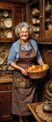 woman holding pie,cookware and bakeware,queen of puddings,elderly lady,vintage dishes,southern cooking,girl in the kitchen,dutch oven,casserole dish,copper cookware,elderly person,granny,dish storage,grandma,dishware,grandmother,plate shelf,old woman,silversmith,cholent,Illustration,Realistic Fantasy,Realistic Fantasy 13