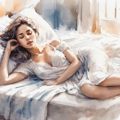 woman on bed,girl in bed,relaxed young girl,watercolor painting,watercolor,woman laying down,watercolor paint,blue pillow,nightgown,sleeping rose,sleeping,fashion illustration,bed,digital painting,watercolor background,world digital painting,girl in cloth,photo painting,watercolor pencils,the girl in nightie,Conceptual Art,Fantasy,Fantasy 02