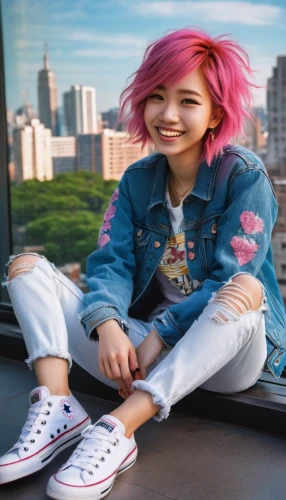 pink hair,converse,jeans background,punk,pink background,lis,pink shoes,on the roof,2d,solar,cute,mini e,denim background,portrait background,gap kids,sneakers,ten,grunge,chucks,denims,Illustration,Realistic Fantasy,Realistic Fantasy 08