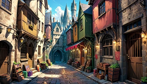 medieval street,medieval town,3d fantasy,fantasy city,medieval architecture,hogwarts,narrow street,hamelin,fantasy world,knight village,old linden alley,alleyway,old town,the cobbled streets,aurora village,old city,fantasy landscape,fantasy art,fantasy picture,beautiful buildings
