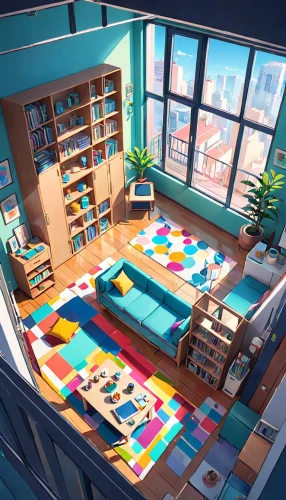 study room,sky apartment,an apartment,apartment,loft,kids room,playing room,classroom,shared apartment,boy's room picture,modern room,great room,livingroom,gymnastics room,living room,bookshelves,game room,cube house,penthouse apartment,blue room,Anime,Anime,Realistic