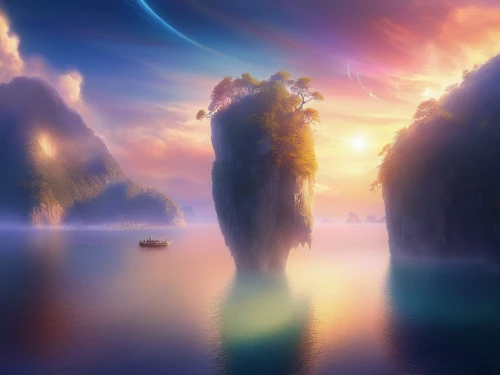 fantasy landscape,full hd wallpaper,fantasy picture,futuristic landscape,3d fantasy,an island far away landscape,landscape background,alien world,earth rise,sunburst background,fairy world,world digital painting,alien planet,daybreak,mists over prismatic,3d background,mountain sunrise,dream world,virtual landscape,beauty scene,Illustration,Realistic Fantasy,Realistic Fantasy 01