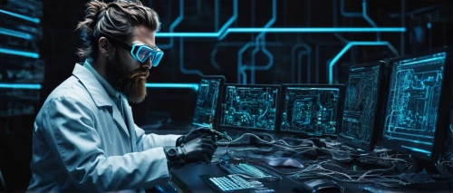 cyber glasses,man with a computer,cybernetics,sci fi surgery room,cyber crime,cyber,theoretician physician,researcher,cryptography,cyberpunk,cyberspace,scientist,cybercrime,laboratory,cybersecurity,pathologist,cyber security,laboratory information,computer tomography,computer science,Photography,Black and white photography,Black and White Photography 03