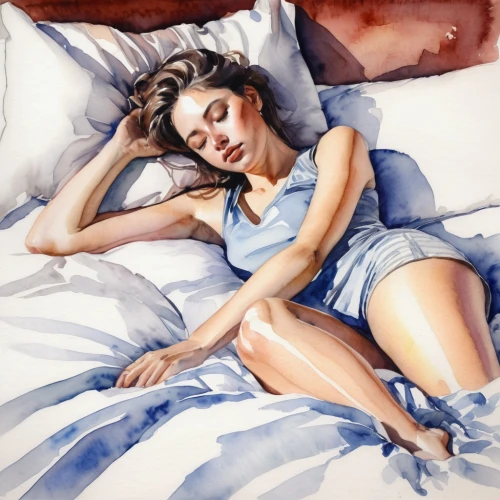 woman on bed,girl in bed,watercolor pin up,blue pillow,woman laying down,duvet cover,bed linen,watercolor painting,bedding,duvet,relaxed young girl,pin-up girl,oil painting,fashion illustration,pinup girl,the girl in nightie,comforter,digital painting,bed,girl in a long,Conceptual Art,Fantasy,Fantasy 15