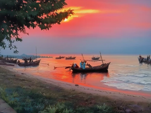 coastal landscape,fishing village,fishing boats,boat landscape,old wooden boat at sunrise,venetian lagoon,vietnam,sea landscape,landscape with sea,fishermen,viet nam,lake victoria,beach landscape,southeast asia,indonesia,mekong,landscape background,eastern black sea,mekong river,river landscape,Illustration,Paper based,Paper Based 04