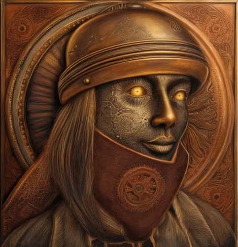 golden mask,gold mask,lokportrait,helmet plate,iron mask hero,horus,fantasy portrait,woman fire fighter,custom portrait,steel helmet,roman soldier,templar,door knocker,bronze horseman,thracian,breastplate,archimandrite,mary-gold,leonardo da vinci,female warrior,Illustration,Realistic Fantasy,Realistic Fantasy 13