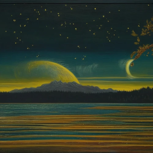 meteor rideau,night scene,indigenous painting,moon and star background,aurora borealis,an island far away landscape,starry night,coastal landscape,space art,salt meadow landscape,meteor,moonrise,night stars,the northern lights,oil on canvas,tofino,khokhloma painting,auroras,northen light,landscape with sea,Illustration,Realistic Fantasy,Realistic Fantasy 08