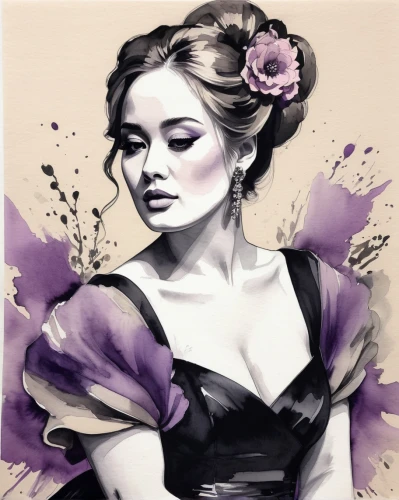 fashion illustration,lilac blossom,watercolor pin up,lilacs,lilac flower,purple rose,victorian lady,rose flower illustration,la violetta,watercolor painting,digital painting,watercolor paint,watercolor women accessory,boho art,flower painting,lilac flowers,photo painting,watercolor,rose of sharon,romantic portrait,Illustration,Paper based,Paper Based 30