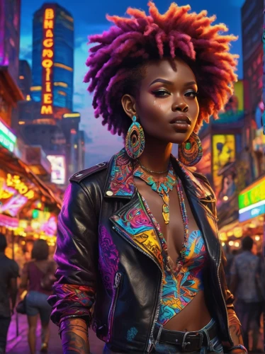 cyberpunk,world digital painting,kampala,afroamerican,nairobi,colorful city,futuristic,digital painting,harlem,african woman,neon,afro-american,maria bayo,neon colors,sci fiction illustration,neon body painting,punk,80s,neon candies,mohawk,Conceptual Art,Fantasy,Fantasy 31