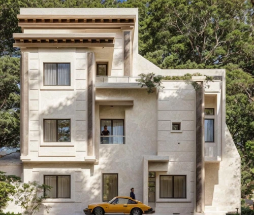 gold stucco frame,habitat 67,two story house,folding roof,apartment building,modern architecture,house with caryatids,landscape design sydney,apartments,yellow car,architectural style,built in 1929,block of flats,residential house,luxury real estate,underground garage,stucco wall,dunes house,an apartment,stone house,Architecture,General,Modern,Plateresque