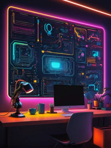 computer room,computer workstation,working space,computer desk,ufo interior,cartoon video game background,blur office background,neon human resources,computer,computer art,study room,creative office,computer business,neon coffee,cyberpunk,the server room,modern office,3d background,desktop computer,screen background,Illustration,American Style,American Style 07