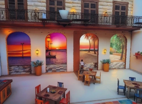 watercolor cafe,watercolor tea shop,a restaurant,colored pencil background,beach restaurant,casa fuster hotel,an apartment,art painting,church painting,las olas suites,riad,meticulous painting,3d rendering,the coffee shop,glass painting,wall painting,hotel hall,watercolor shops,hacienda,house painting,Illustration,Paper based,Paper Based 04