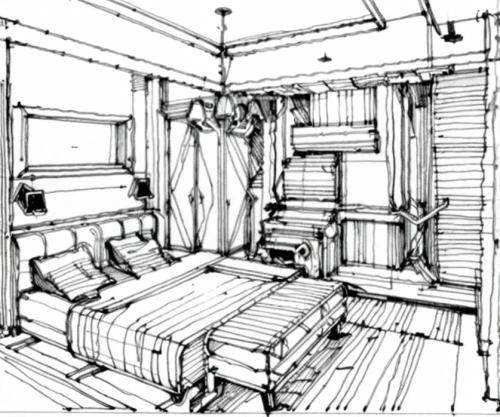railway carriage,cabin,canopy bed,sleeping room,bedroom,houseboat,compartment,inverted cottage,house drawing,guest room,interiors,rooms,dormitory,small cabin,wooden sauna,modern room,capsule hotel,train car,bunk bed,attic,Design Sketch,Design Sketch,None