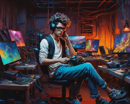 man with a computer,cyberpunk,gamer,cg artwork,gamer zone,coder,computer addiction,gamers,pc,computer freak,game art,computer art,world digital painting,computer game,twitch icon,game illustration,dj,computer games,tracer,gaming,Art,Classical Oil Painting,Classical Oil Painting 42