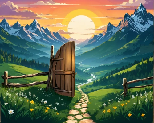 wooden door,fairy door,farm gate,wood gate,landscape background,cartoon video game background,wooden path,outhouse,fence gate,the door,heaven gate,home door,wooden fence,home landscape,background vector,game illustration,adventure game,garden door,children's background,gateway,Unique,Design,Sticker