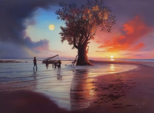 beach landscape,coastal landscape,oil painting,oil painting on canvas,sea landscape,sunset beach,sunrise beach,fantasy landscape,watercolor tree,art painting,landscape background,lone tree,fantasy picture,evening atmosphere,landscape with sea,seascape,painted tree,fishermen,beach scenery,isolated tree,Illustration,Paper based,Paper Based 04