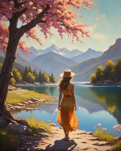 japanese sakura background,landscape background,springtime background,girl on the river,girl with tree,girl walking away,idyllic,world digital painting,autumn background,sakura background,painting technique,woman walking,spring background,autumn landscape,spring morning,summer day,girl in a long dress,girl picking flowers,autumn idyll,oil painting on canvas,Photography,Artistic Photography,Artistic Photography 14