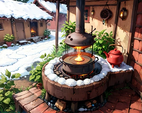 korean village snow,wood stove,outdoor cooking,hot spring,pizza oven,wood-burning stove,fire bowl,outdoor grill,firepit,cooking pot,warm and cozy,chimney,hot pot,winter village,warmth,fire pit,hearth,clay pot,hot cocoa,fireside,Anime,Anime,Traditional